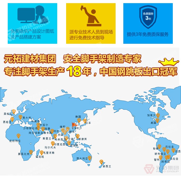 元拓建材集團，安全腳手架制造專家！專注腳手架生產(chǎn)18年，中國鋼跳板出口冠軍！